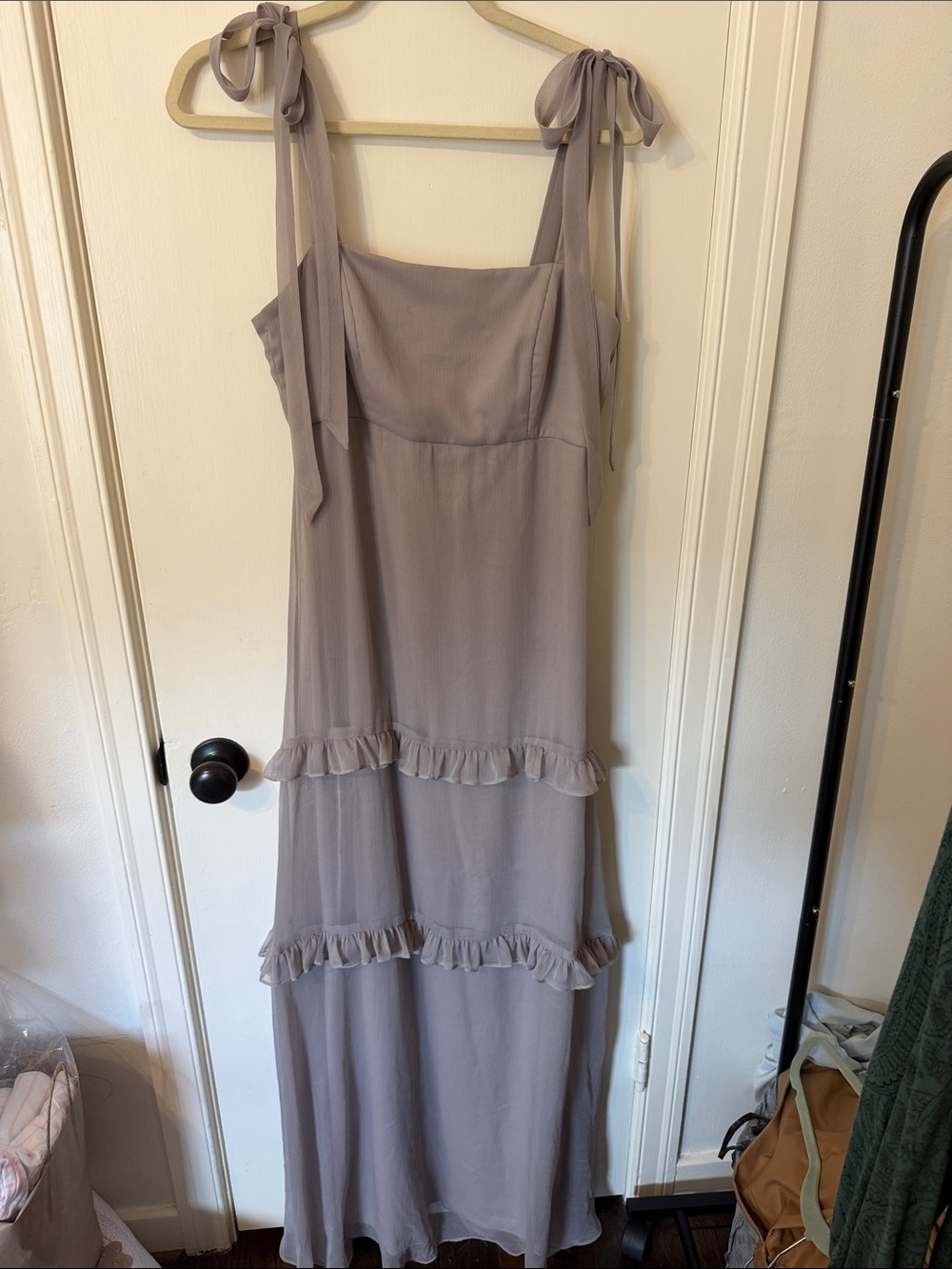 After Six size 8 Tie-Strap Ruffle Maxi Dress in Taupe